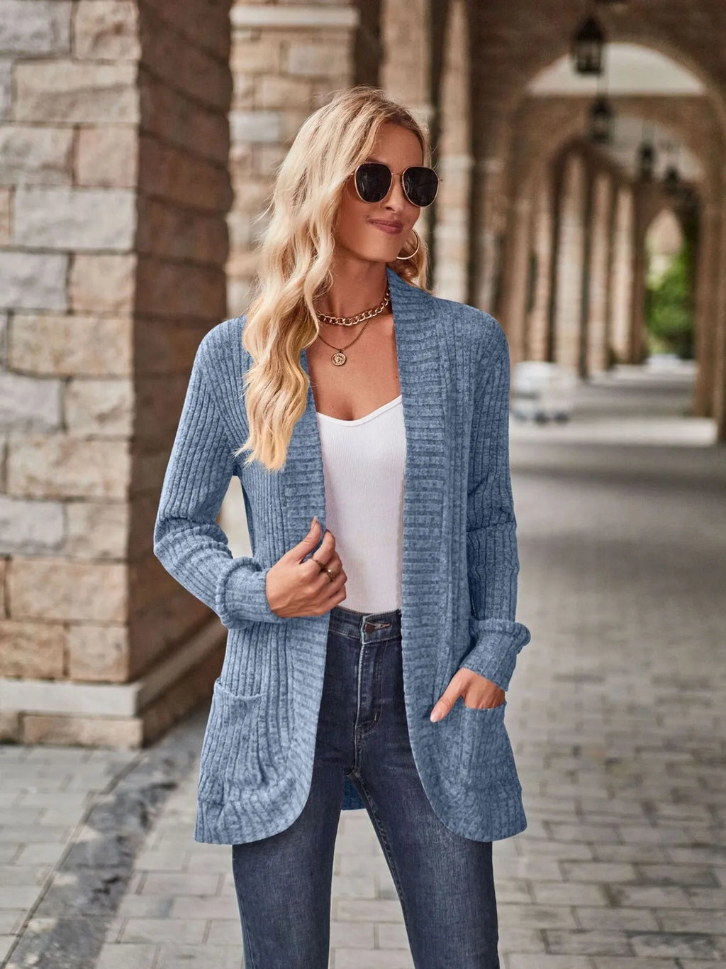 Ribbed Open Front Long Cardigan with Pockets 321075ae854842aaaec09e0363b797fe-Max-Origin