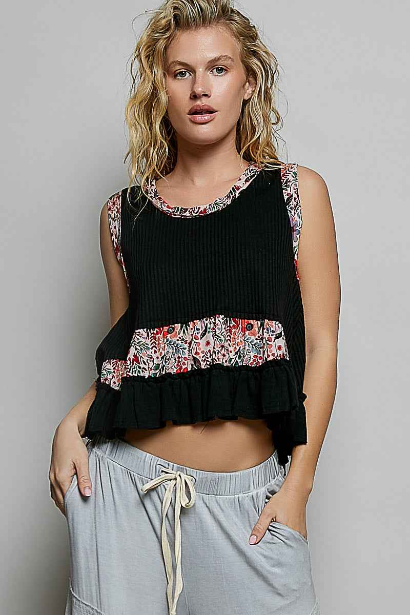 POL Floral Print Patche Round Neck Ribbed Tank with Double Gauze Ruffle Accents 32150ced-c2e5-470a-b873-1c079b959fe4-Max