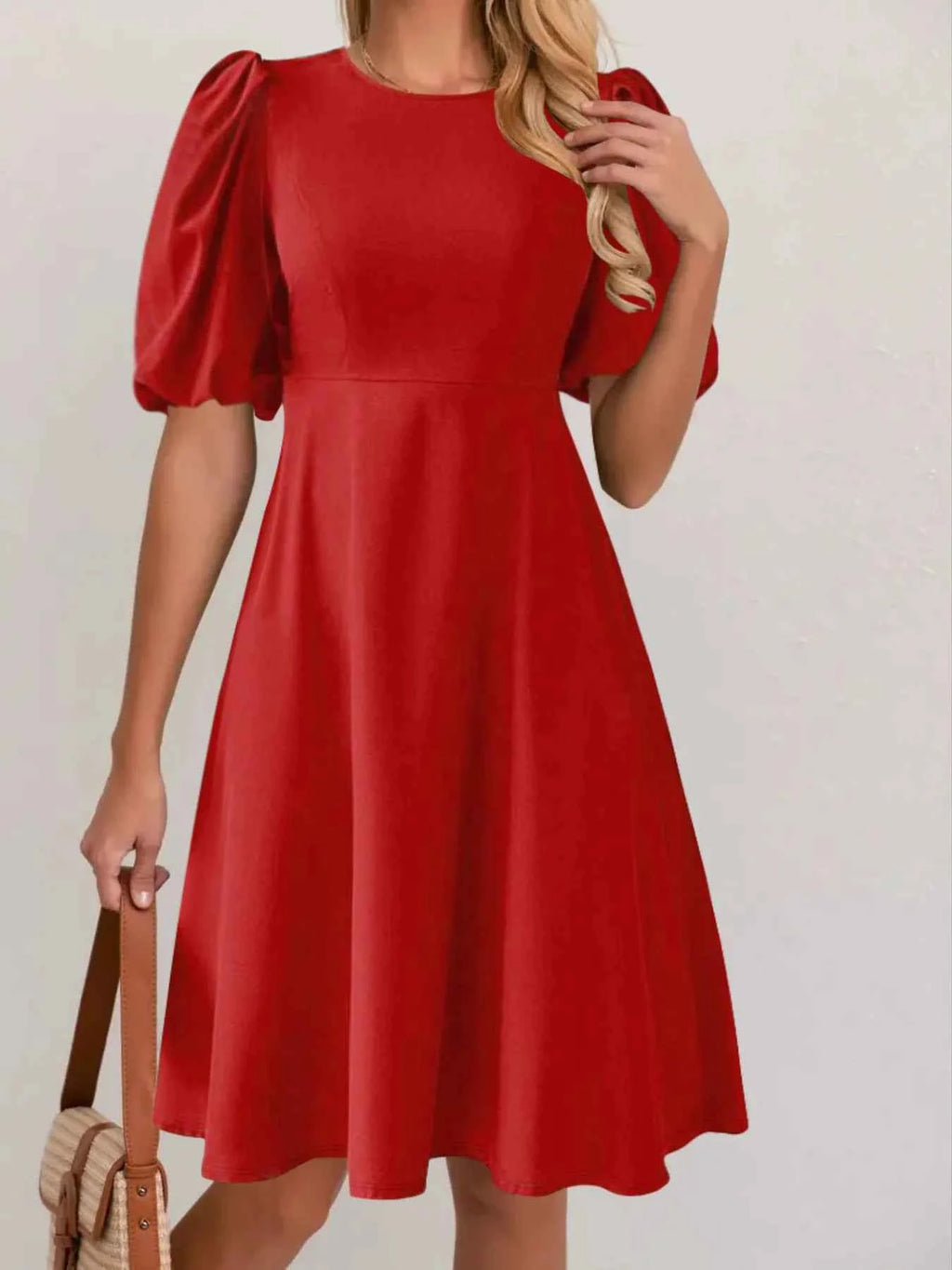 Round Neck Puff Sleeve A-Line Dress 321abaa4e93f44e68092d14841da3014-Max-Origin