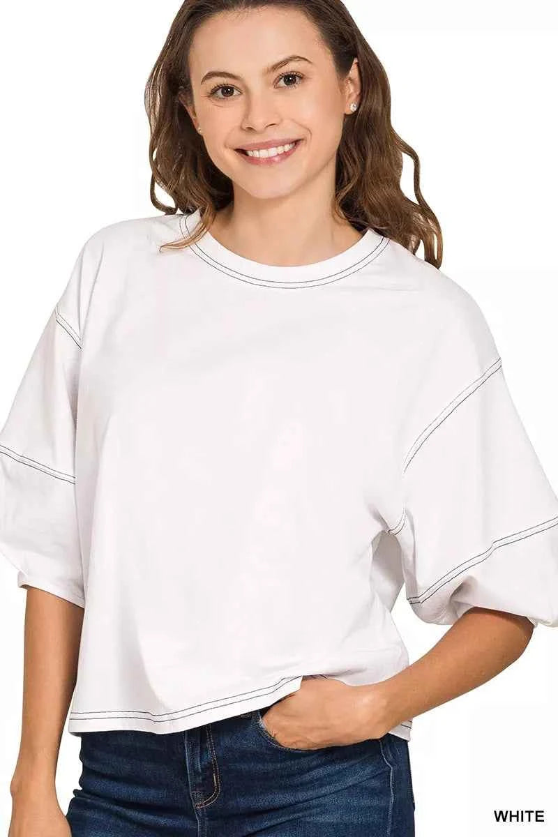 Zenana Balloon Sleeve Top with Contrast Stitching WHITE 321b4d01c4684c2d86b2adcd3c4cf77c-Max-Origin