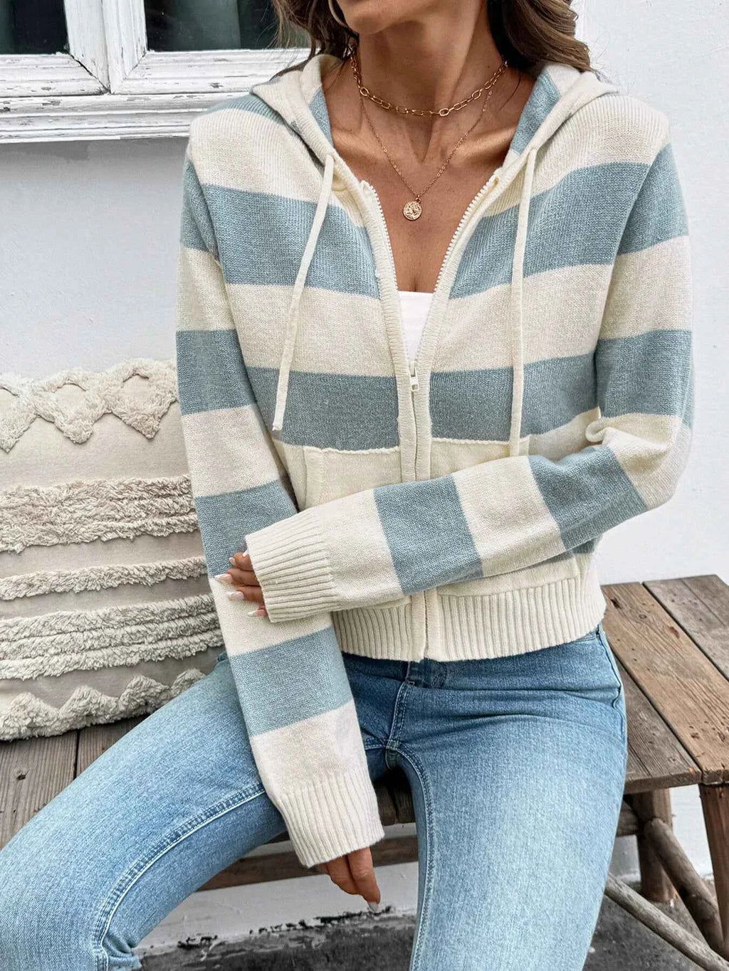 Drawstring Zip Up Striped Cardigan Apricot