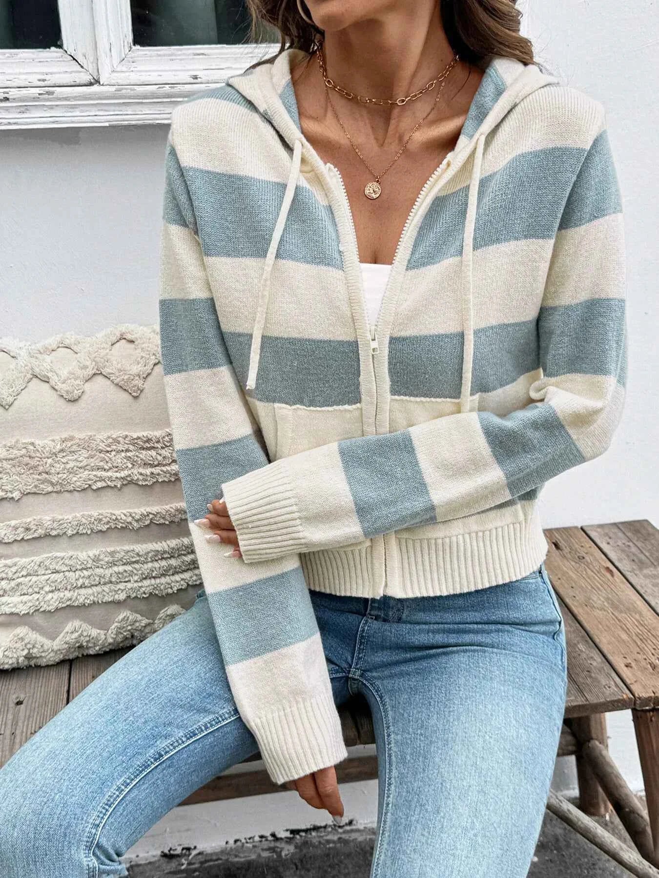 Drawstring Zip Up Striped Cardigan Apricot