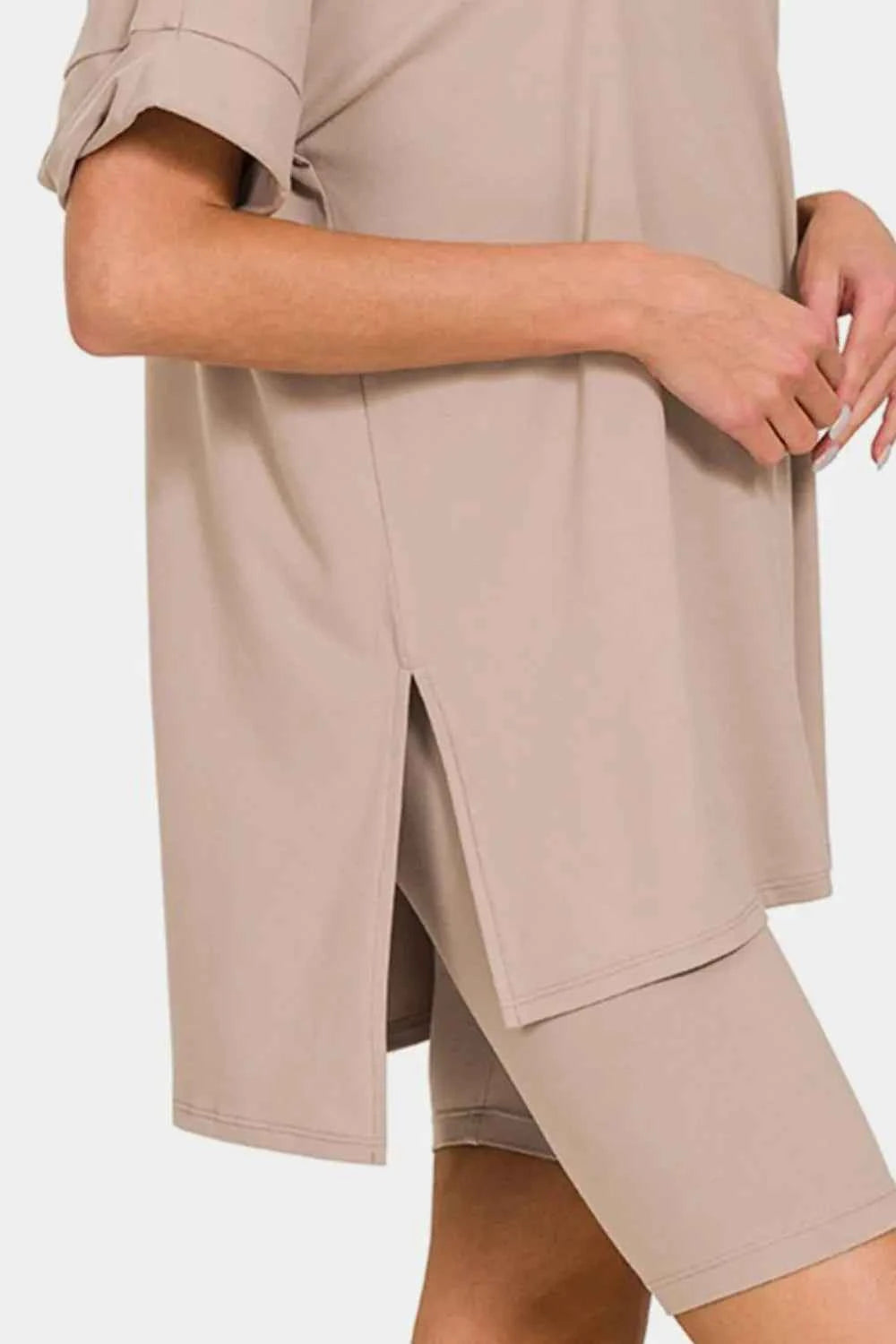 Zenana Full Size V-Neck Short Sleeve Slit T-Shirt and Shorts Set 321ed2c8-043d-43f4-add7-4ccc6f062633-Max