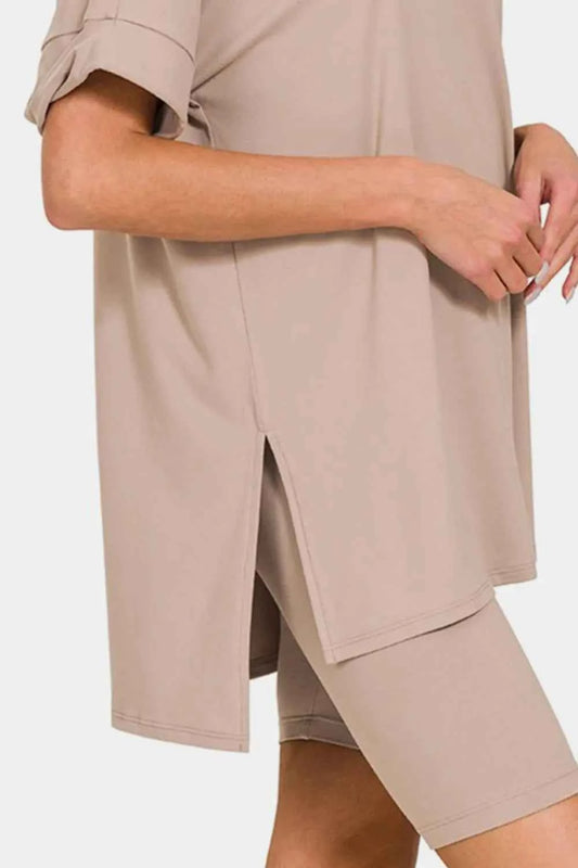 Full Size V-Neck Short Sleeve Slit T-Shirt and Shorts Set 321ed2c8-043d-43f4-add7-4ccc6f062633-Max
