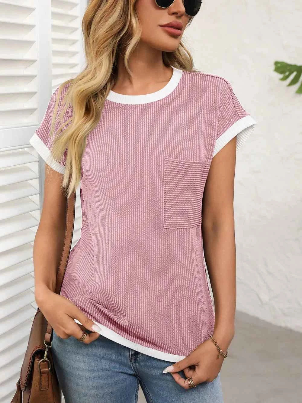 Contrast Trim Round Neck Short Sleeve T-Shirt 3222a706-d9be-44d9-ba7d-73108050c813-Max