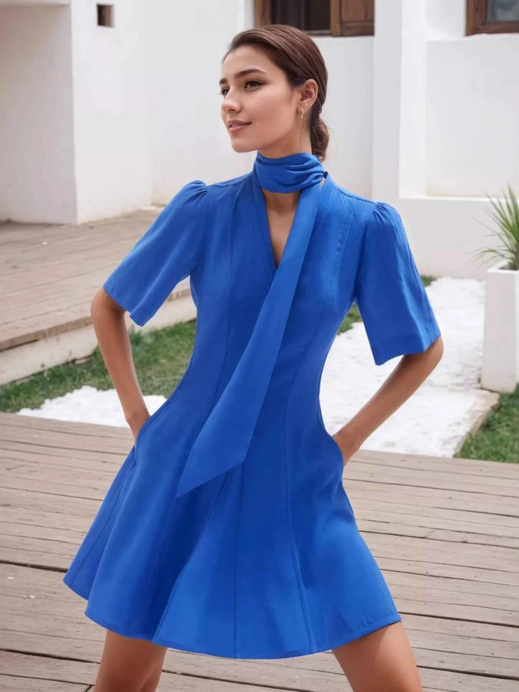 V-Neck Short Sleeve Dress with Pockets 3223f7da87264dccaab5d770c3db11bf-Max-Origin