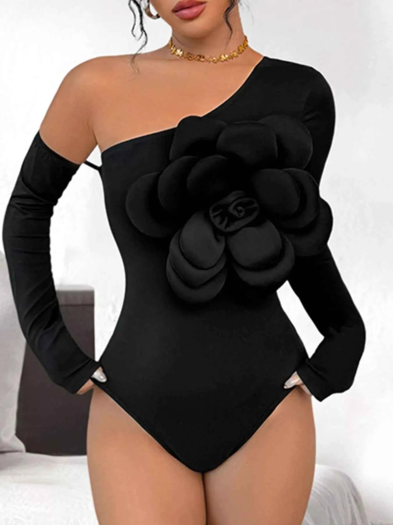 Flower Long Sleeve Single Shoulder Bodysuit 3229026b-89b5-4552-831e-bcd1aee39904-Max-Origin