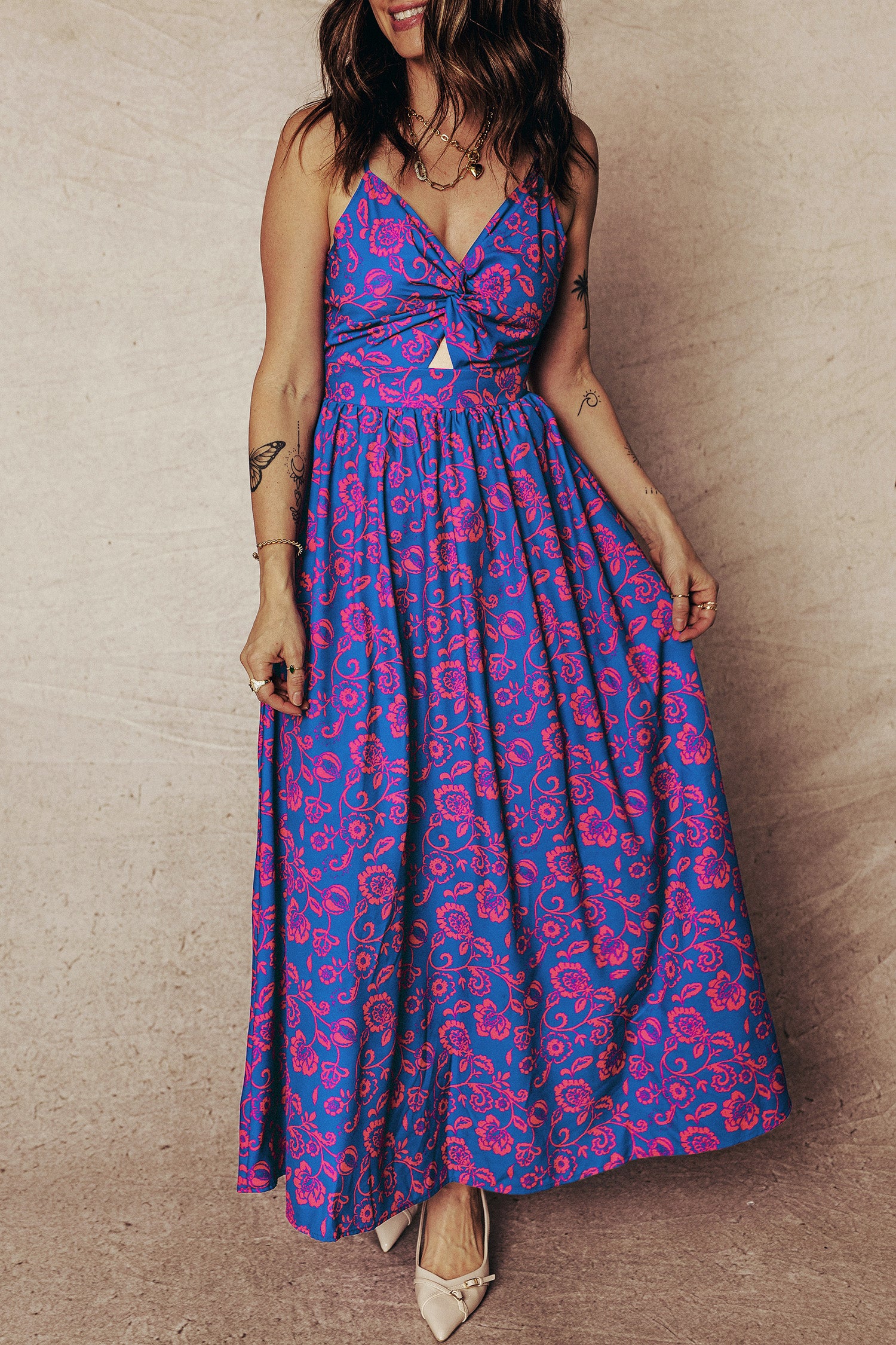 Blue Floral Print Twisted V Neck Tied Backless Maxi Dress 322c149a2ee353aa