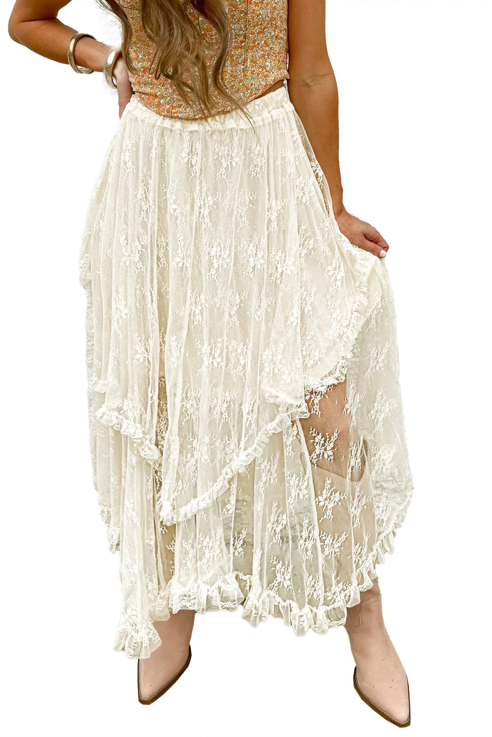 Apricot Lace Cascading Tiered High Waist Maxi Skirt 322f35f11bc36a9d