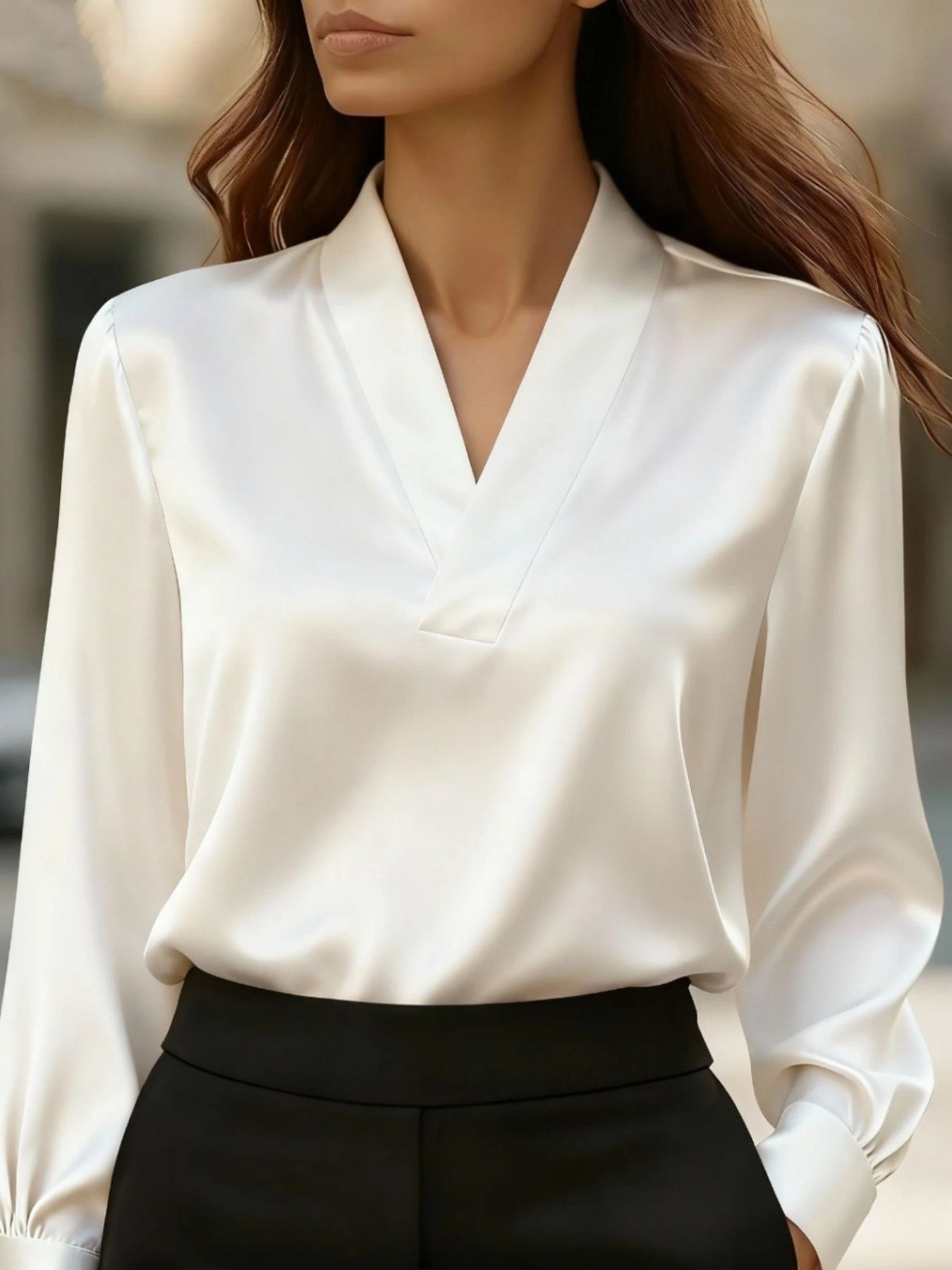 V-Neck Long Sleeve Satin Blouse White 322f721c-c0e4-4368-ab55-69156c900a11-Max