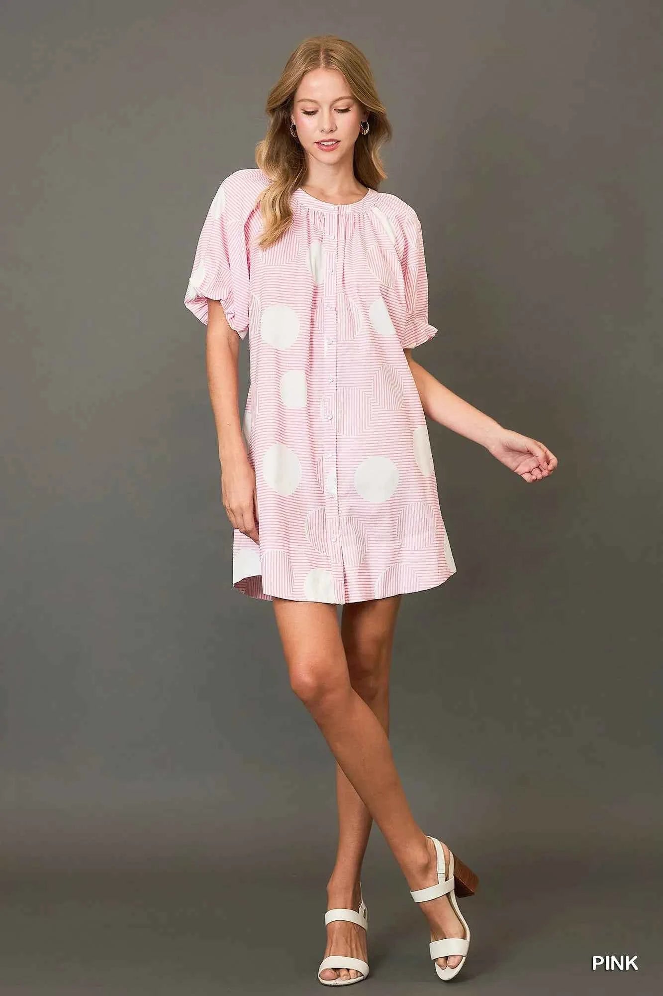 Umgee Stripe and Dot Print Button Down Puff Sleeve Mini Dress 3230a0df-63bf-4506-ac59-cac2ad067e51-Max-Origin