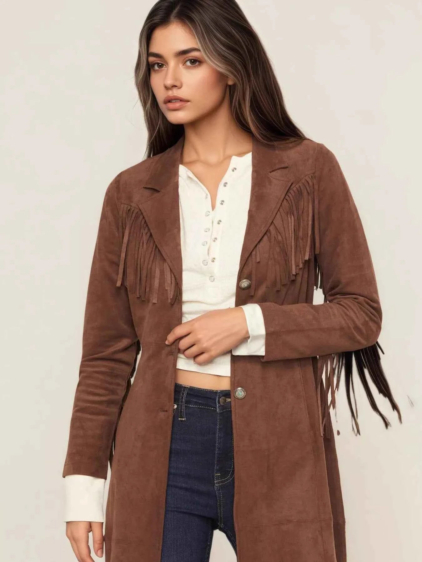 Fringe Lapel Collar Long Sleeve Coat 323129eb8b874f158ed6c1cf5f26dd48-Max-Origin