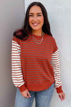 Orange Stripe Contrast Sleeve Patchwork Drop Shoulder Long Sleeve Sweatshirt 32336aa25fb3f906