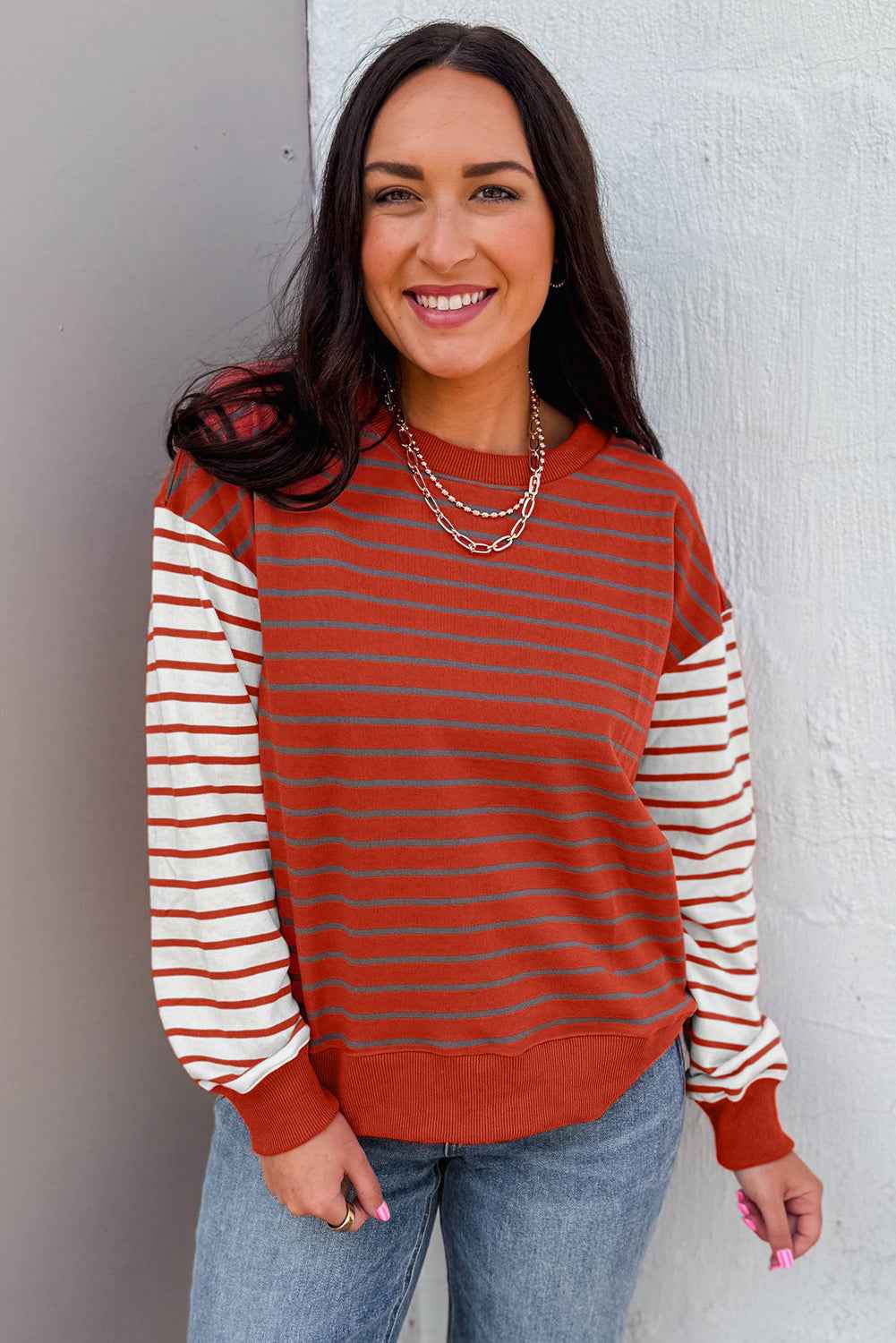 Orange Stripe Contrast Sleeve Patchwork Drop Shoulder Long Sleeve Sweatshirt 32336aa25fb3f906