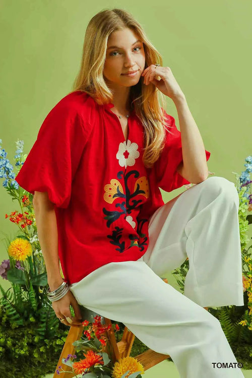 Umgee Embroidered Boho Puff Sleeve Blouse TOMATO 32483b8c-7f95-4a7b-88e4-b963e5875762-Max-Origin
