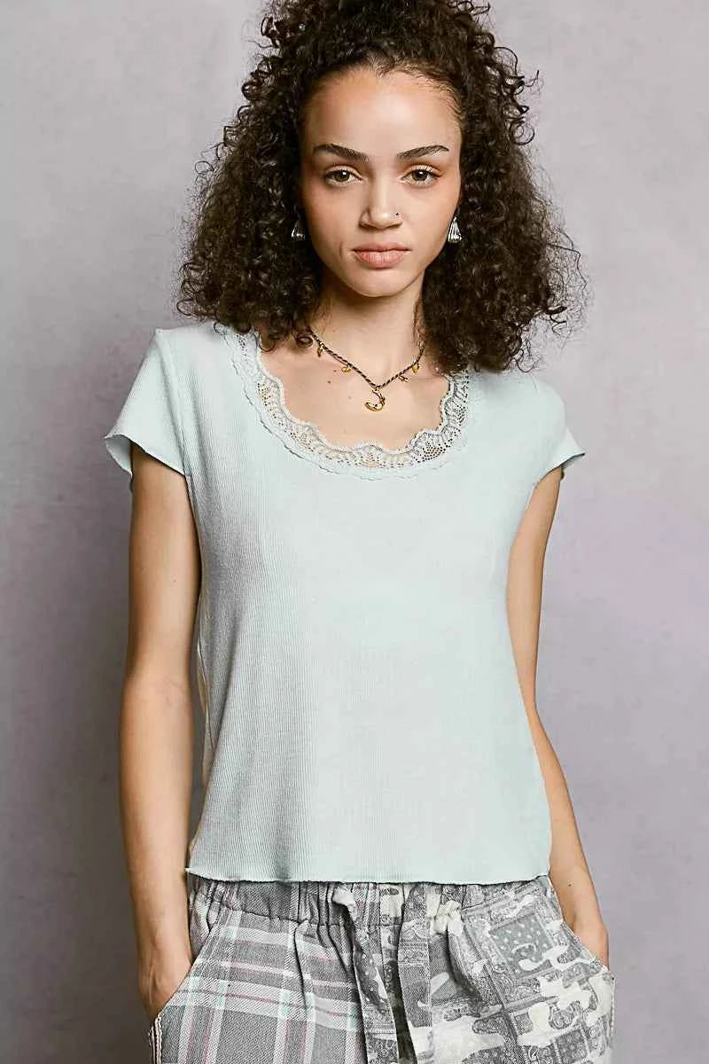 POL Round Neck Short Sleeve Crop T-Shirt with Lace Trim POWDER BLUE 324ccea6-95fb-442a-9761-efd139cd9617-Max-Origin