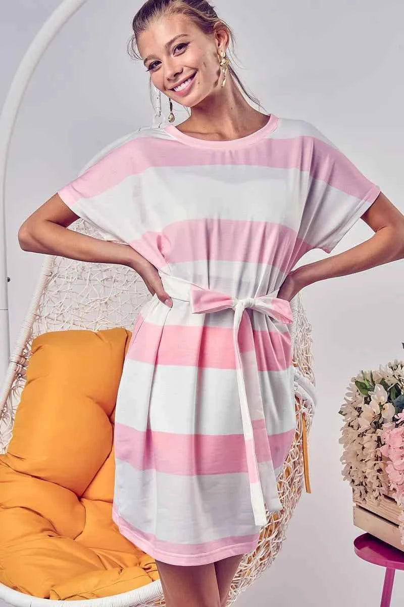 BiBi Tie Front Striped Short Sleeve Dress 325427dbf02040b1b2cb2882c8ce53ea-Max-Origin