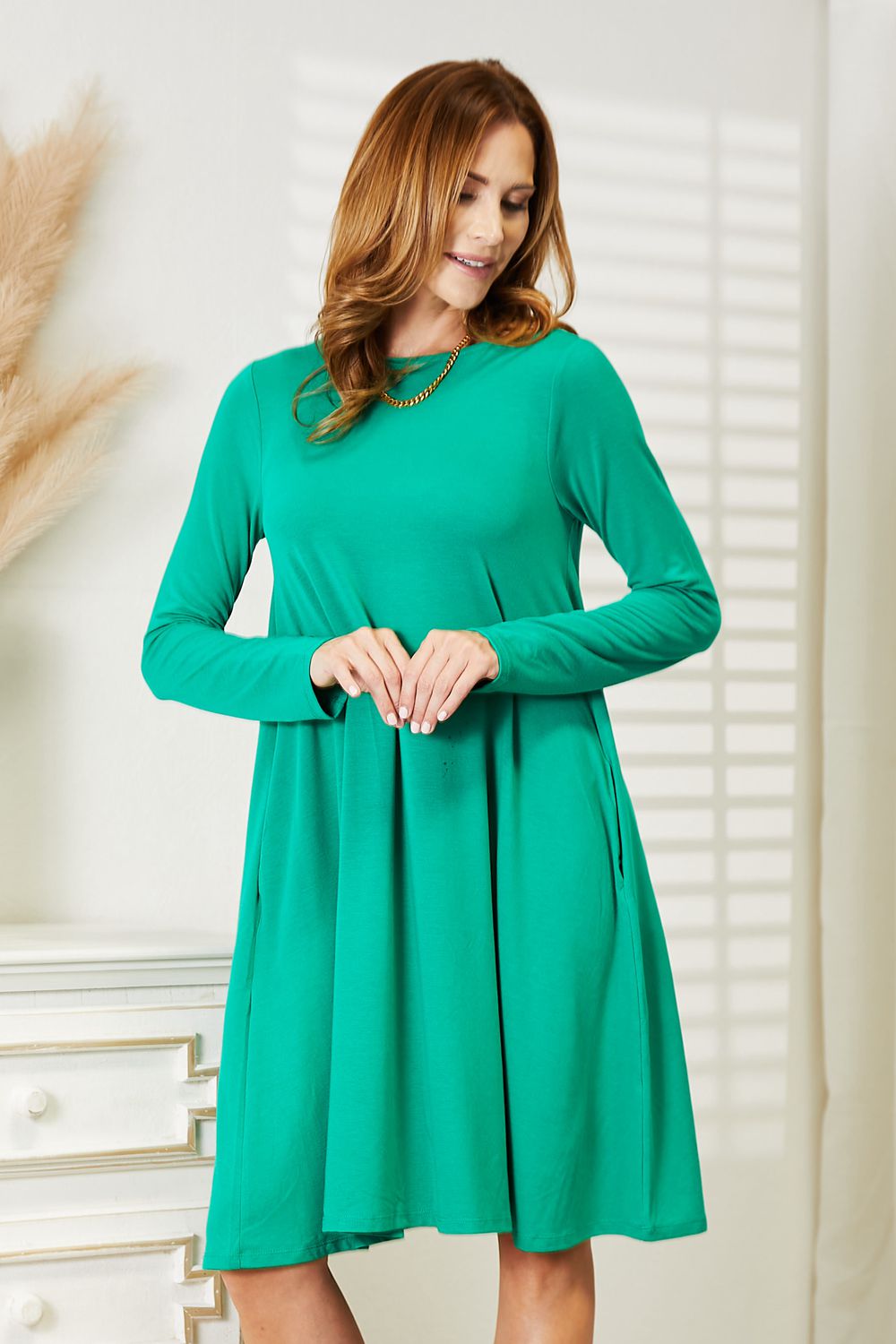 Zenana Full Size Long Sleeve Flare Dress with Pockets 3255895e3ee74e8f9a64d7b6376ee7a3-Max