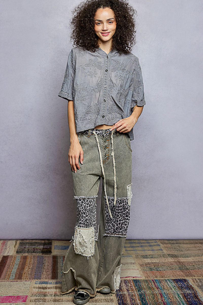 POL Button Front Floral Stitching Breathable Hooded Shirt 3256207b-2381-4f13-9e01-554d4d6ab53e-Max