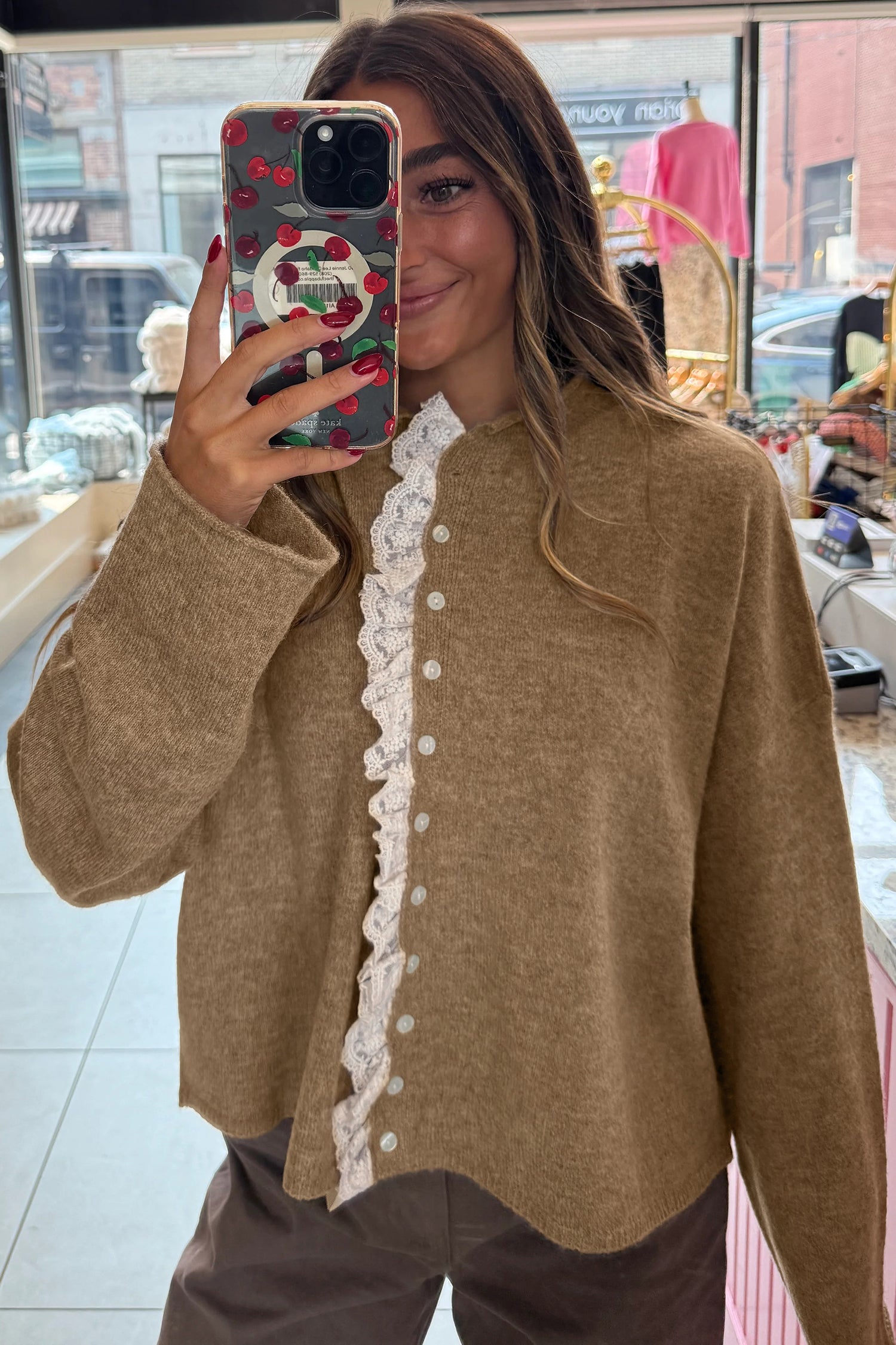 Simply Taupe Contrast Frilled Lace Trim Loose Cardigan Sweater 32574e1d47b72773