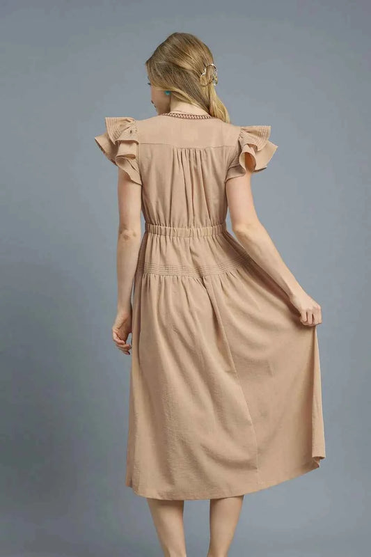 Ruffled Cap Sleeve Midi Dress with Contrast Trim Detail 325bf0f3-fed9-456c-ab9b-894384835b3a-Max-Origin