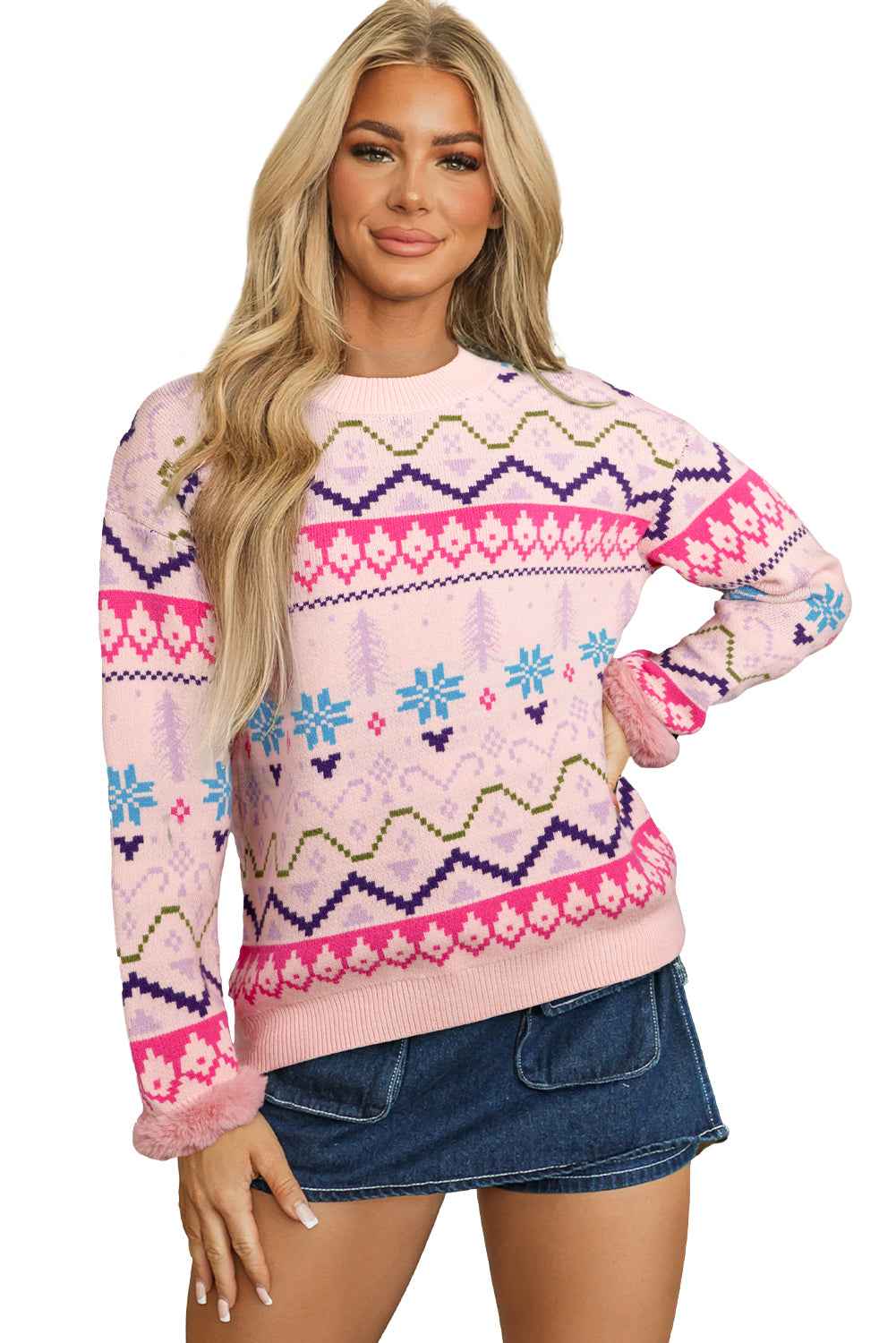 Multicolour Ethnic Christmas Pattern Knit Feather Cuffed Sweater 327775c9900af8d4