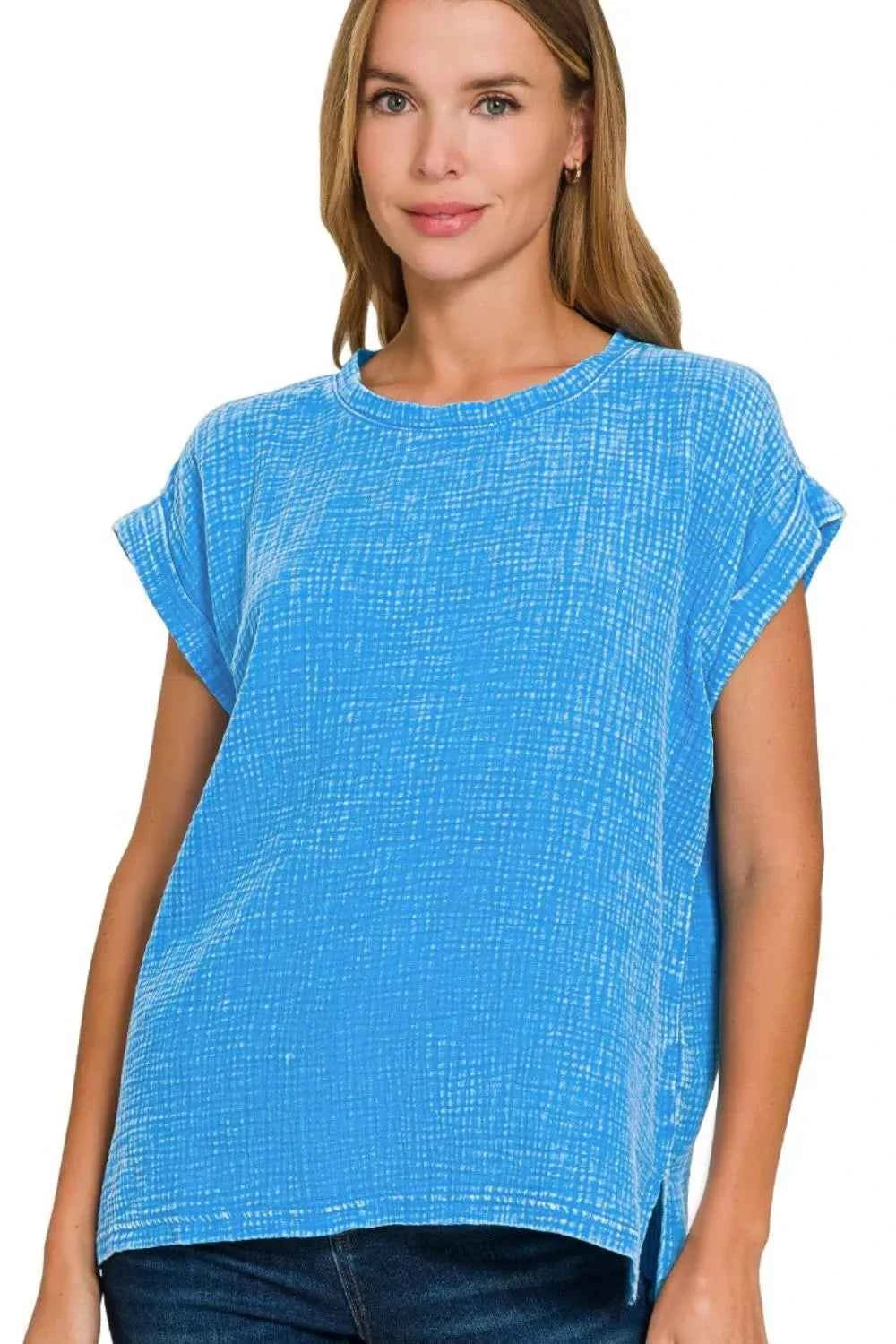 Zenana Woven Double Gauze Acid Washed Short Sleeve Top 327d0d50-2173-4abc-8c2b-6bc4be83c42f-Max-Origin