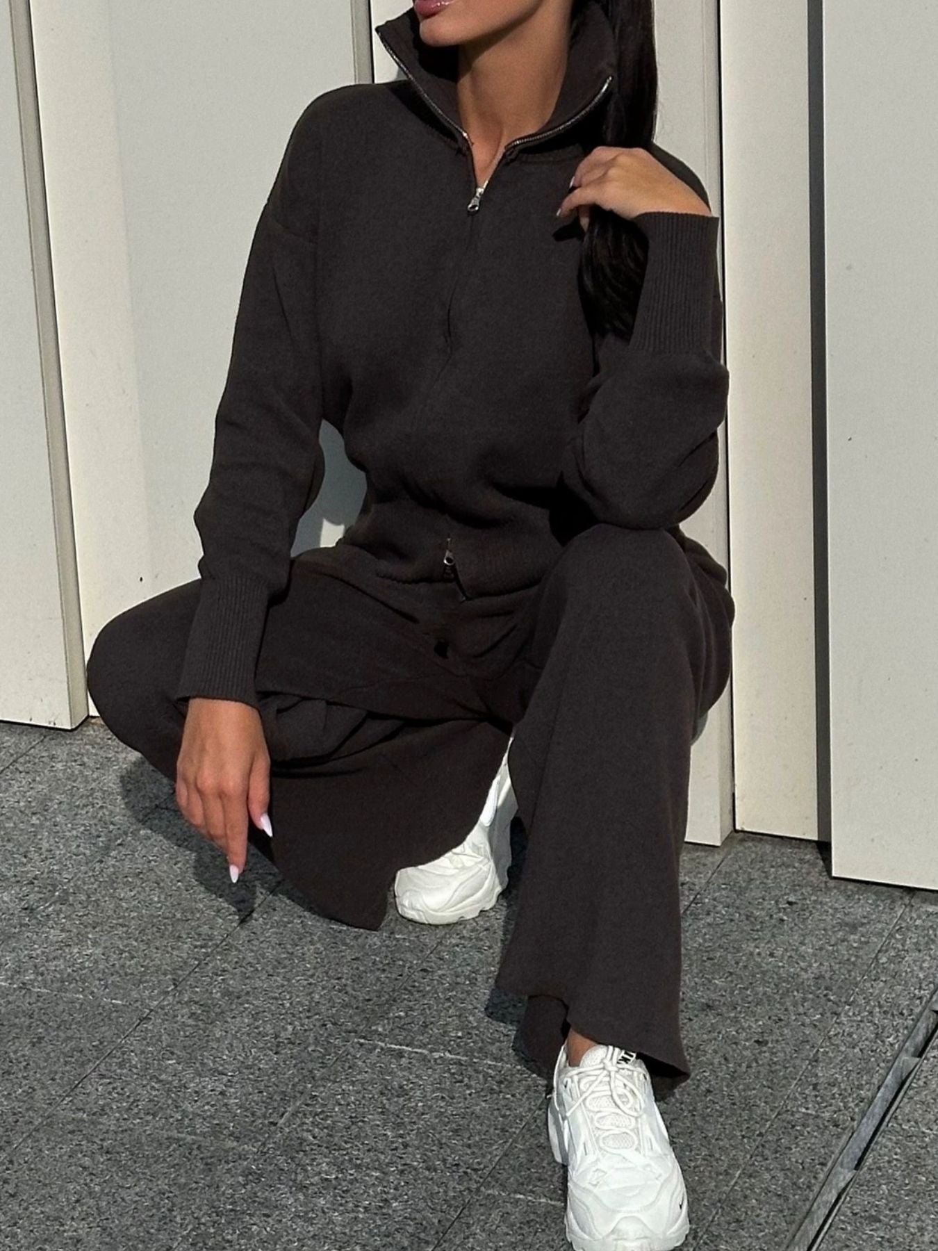 Zip Up Outerwear and Wide Leg Pants Set Black One Size 328394d2-ae60-451f-907f-973344bca11d-Max