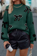 Blackish Green Pearl Embellished Bow Pattern Loose Sweater Blackish Green 52%Viscose+26%Polyester+22%Polyamide 32842ae7decca21b
