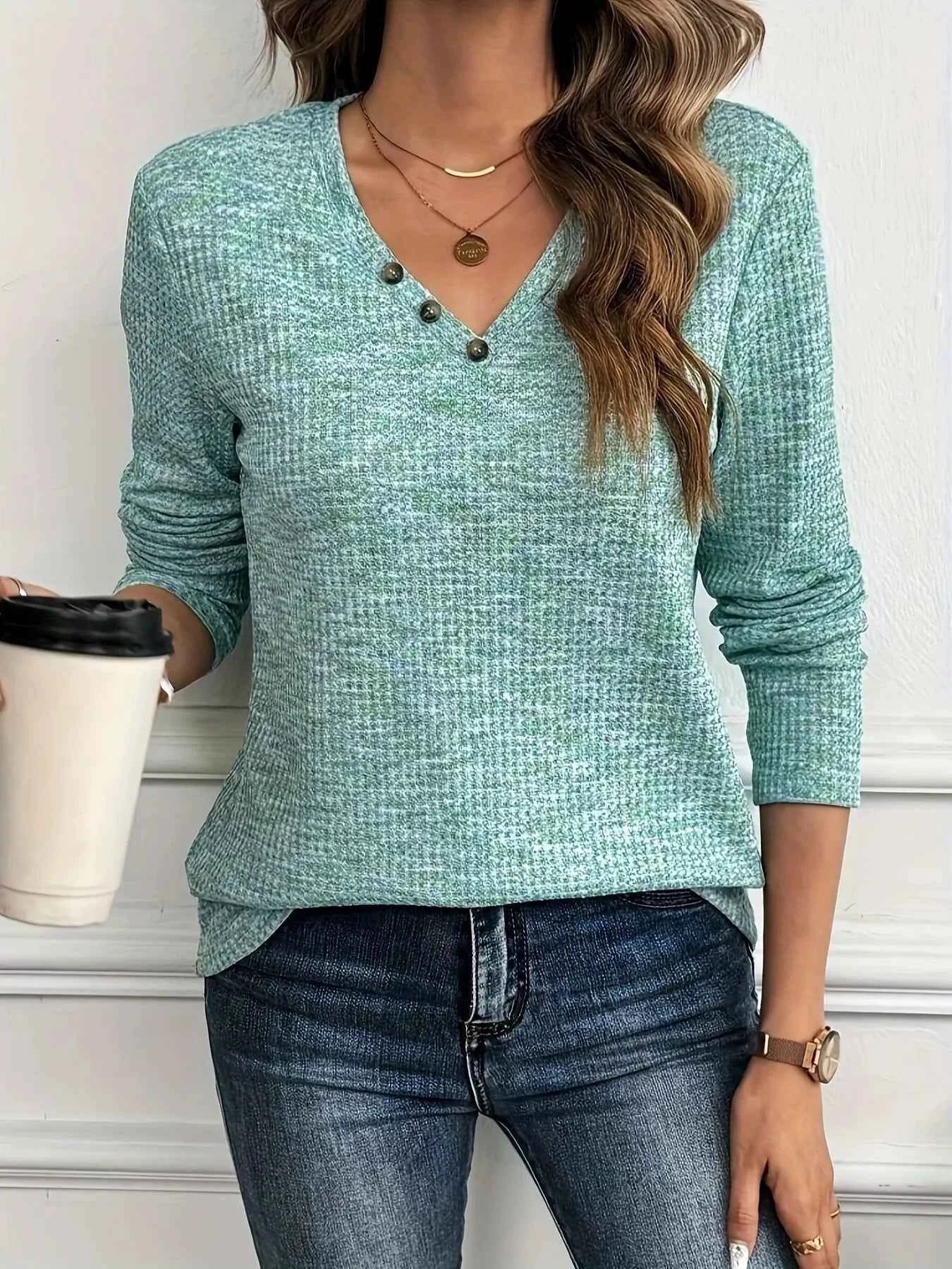 Decor Button V-Neck Long Sleeve Top 32849b571892454cb32b6d2bf6a15a47-Max-Origin