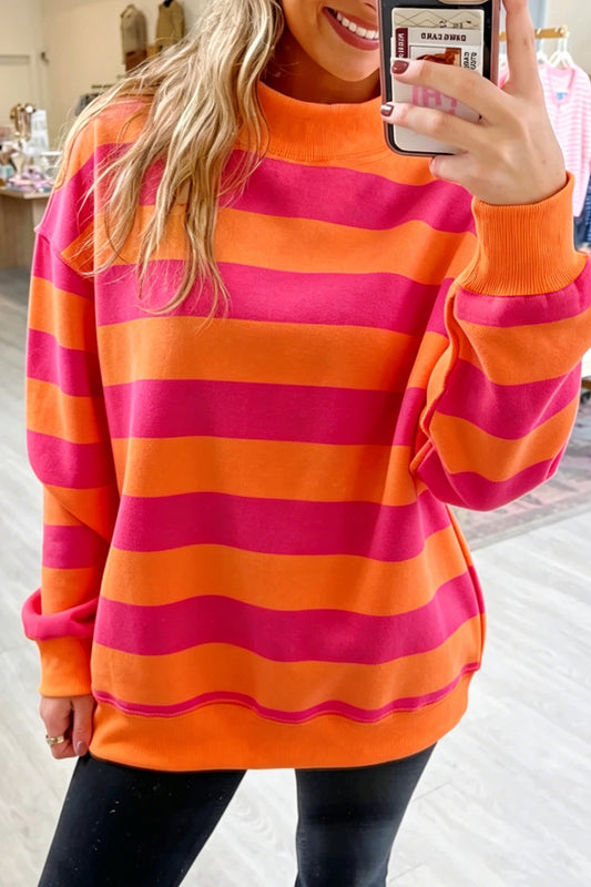 Blue Stripe Colorblock Mock Neck Relaxed Sweatshirt Orange Stripe 95%Cotton+5%Elastane 32872dfcf757ecf5