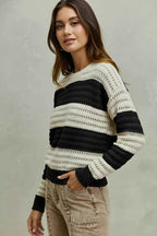 SO ME Openwork Round Neck Wide Stripe Textured Sweater 328b0b65-8dfa-48bb-8aca-254b4c4435e1-Max-Origin