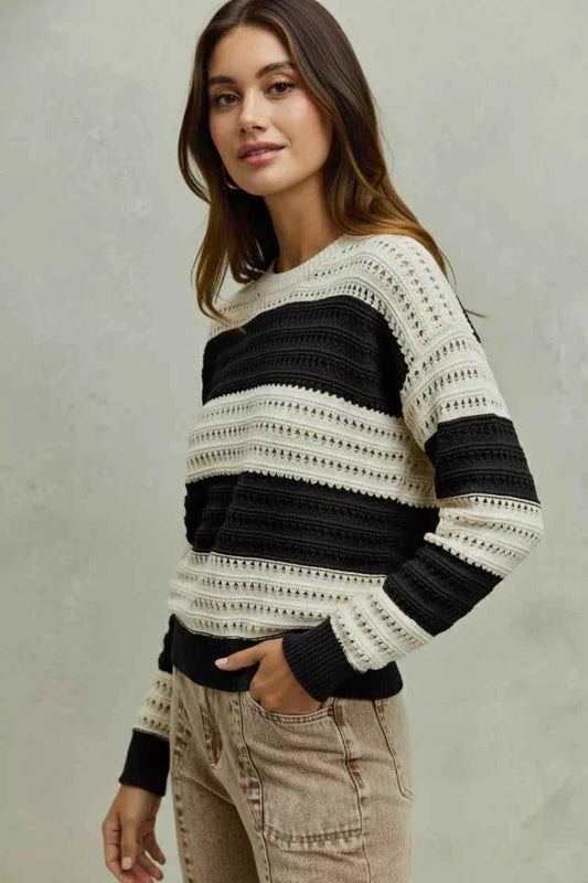 Openwork Round Neck Wide Stripe Textured Sweater 328b0b65-8dfa-48bb-8aca-254b4c4435e1-Max-Origin