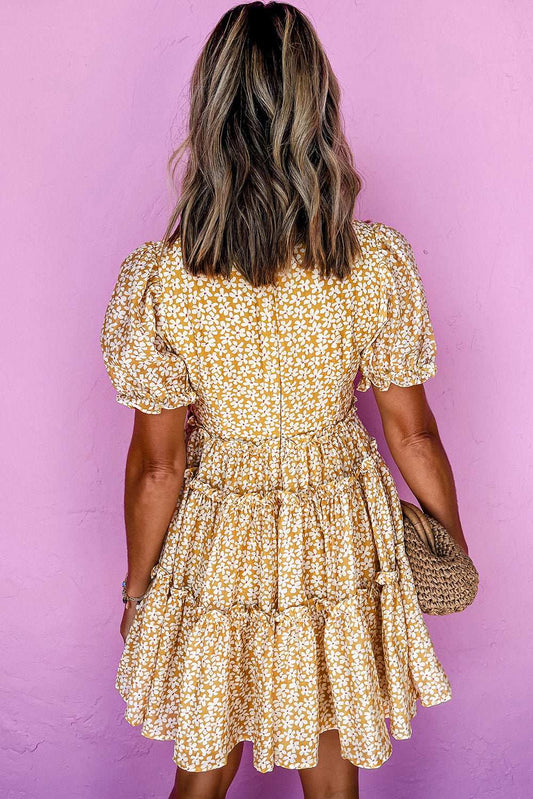 Yellow Floral Short Sleeve V Neck Frill Tiered Mini Dress 328b6e5f821e8082-_2