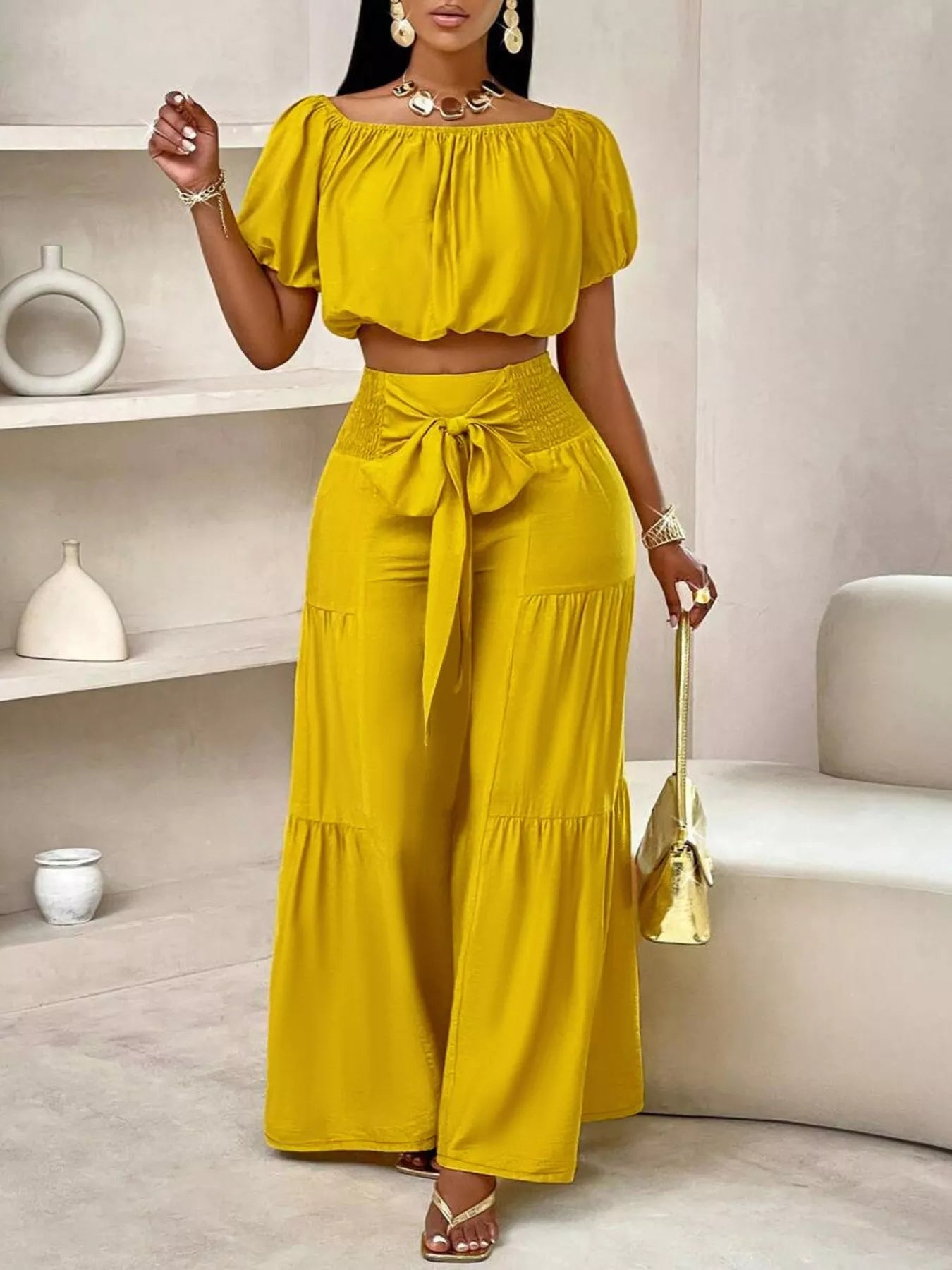 Elegant Off-Shoulder Crop Top and Ruched Wide Leg Pants Set 328c8876ad4442d7ae5782f307c0e659-Max-Origin