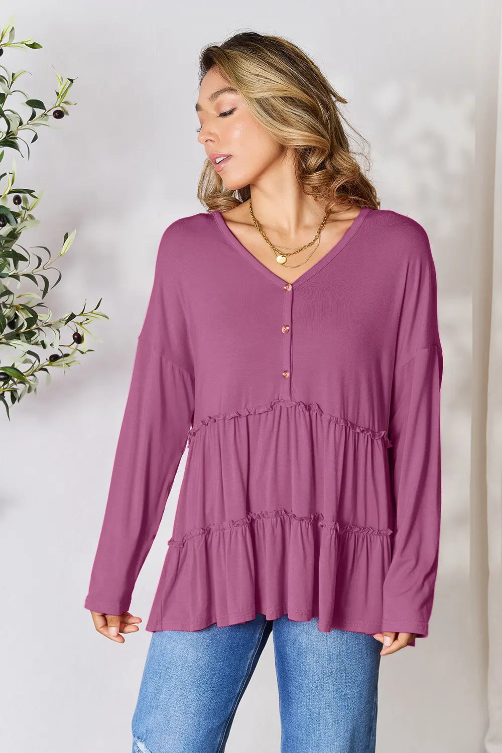 Double Take Half Button Long Sleeve Ruffle Hem Blouse 3290f58f31e5483ca723a1133fc5e022-Max