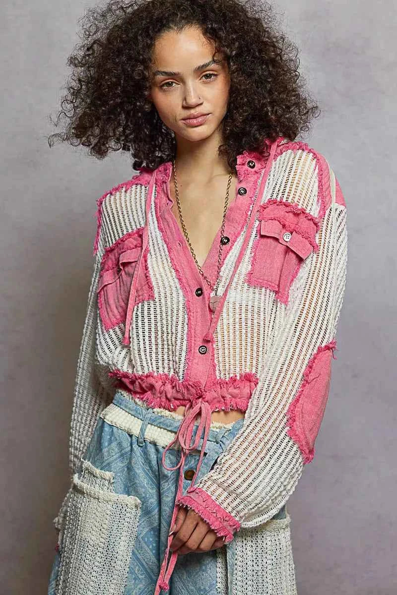 POL Texture Woven Button Down Hooded Shirt with Drawstring Hem 3291ac6b-d08c-4d54-a937-a505f13b5c32-Max-Origin