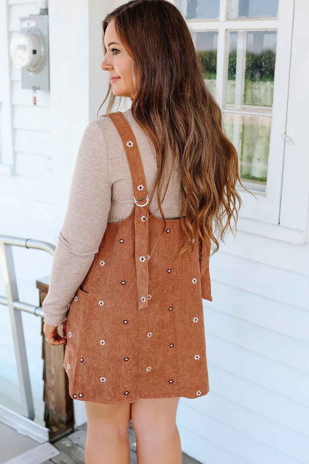 Gold Flame Flower Embroidered Corduroy Overall Mini Dress 32958da483623860