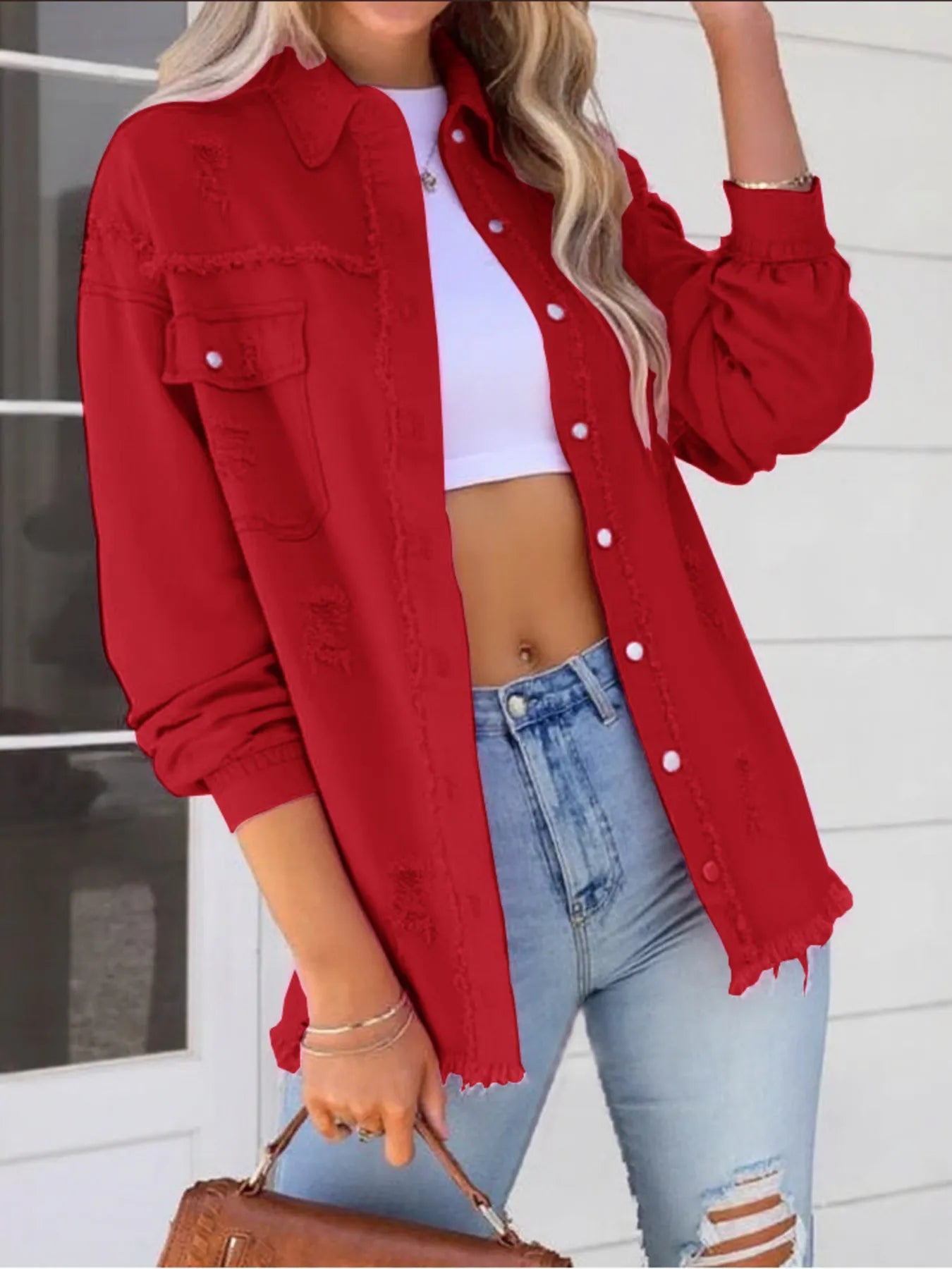 Distressed Denim Jacket with Frayed Edges Red 32976782dd7846f7a3dc617ae191f562-Max-Origin