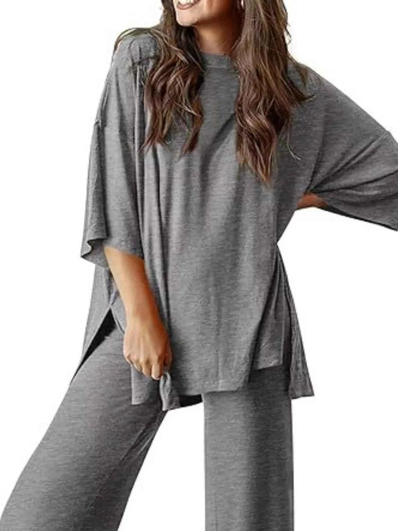 Slit Round Neck Top and Pants Set Dark Gray 32989eb6-ad81-4cc8-9e9b-41f57305e3e6-Max-Origin