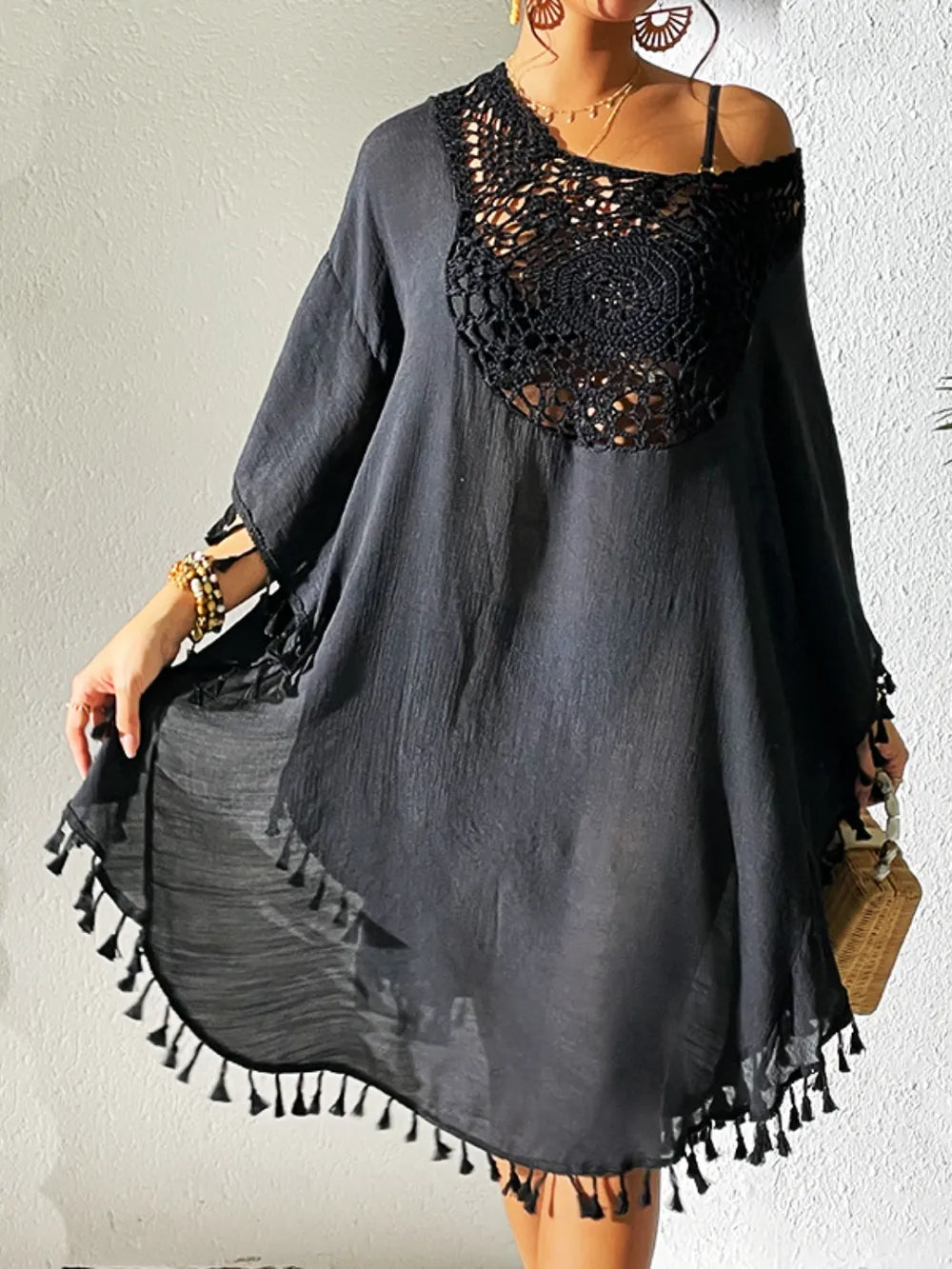 Tassel Cutout Scoop Neck Cover-Up Dress Black One Size 329ad9db-5bb2-4afb-b356-57d3f12b2a19-Max