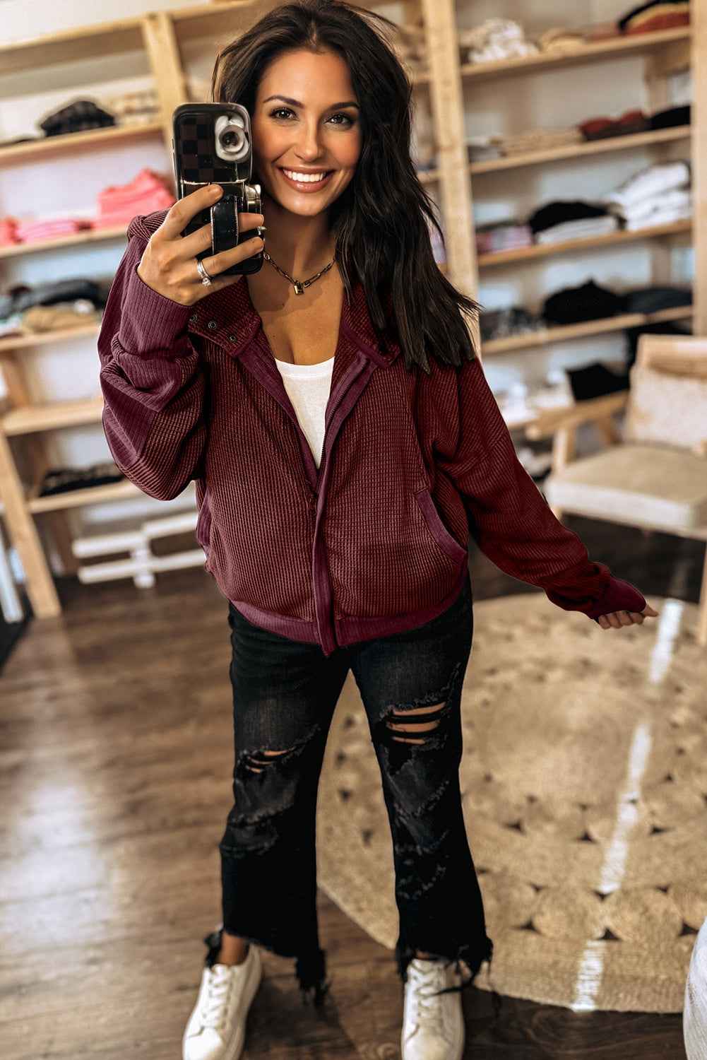 Burgundy Waffle Splicing Zip Up Front Button Hooded Jacket 329c55e5fbbf8016