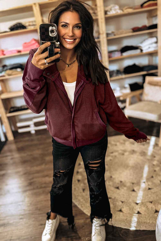 Burgundy Waffle Splicing Zip Up Front Button Hooded Jacket 329c55e5fbbf8016