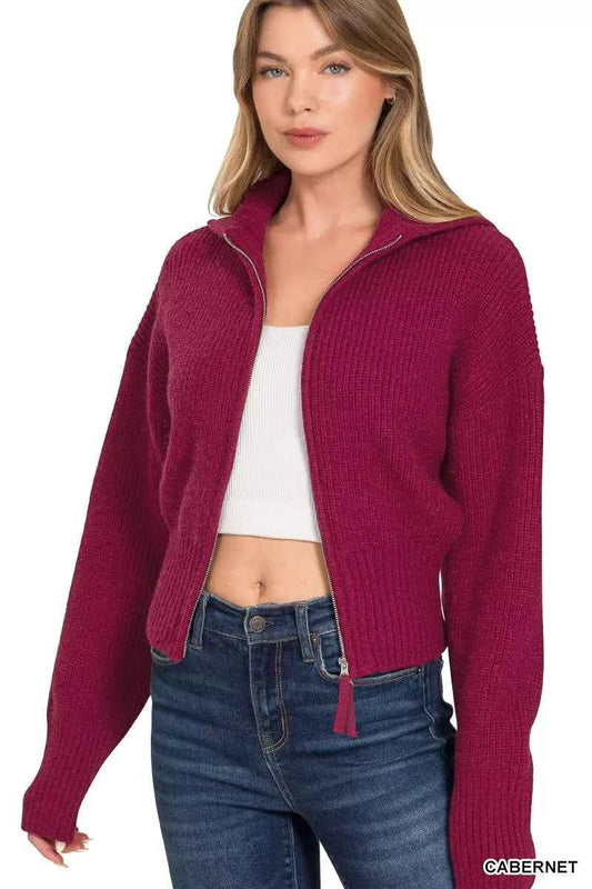 Zenana Ribbed Collared Zip Up Sweater Cardigan 329f4d50fb8b47d49ce2bbe8747235a3-Max-Origin