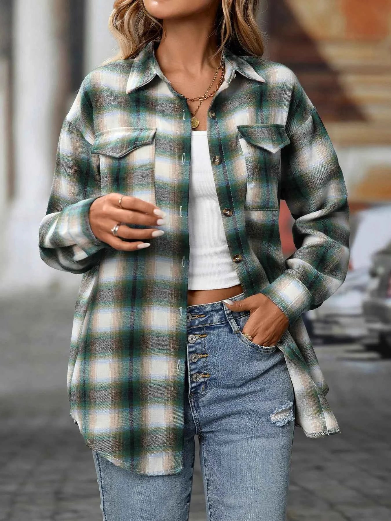 Oversized Plaid Button-Up Shirt Dark Green 32a3cb04-2be2-4b0e-b7b9-e4857ed1b645-Max-Origin