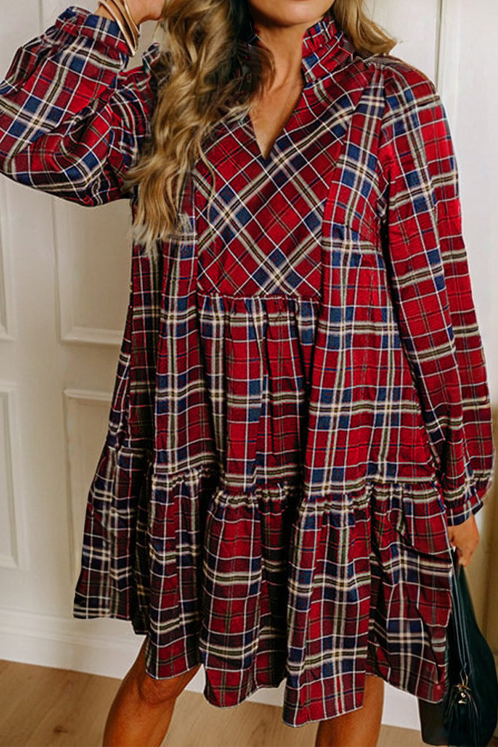 Red Plaid Print Frill Neck Long Sleeve Mini Dress Red 55%Cotton+45%Viscose 32a759c019d9206e
