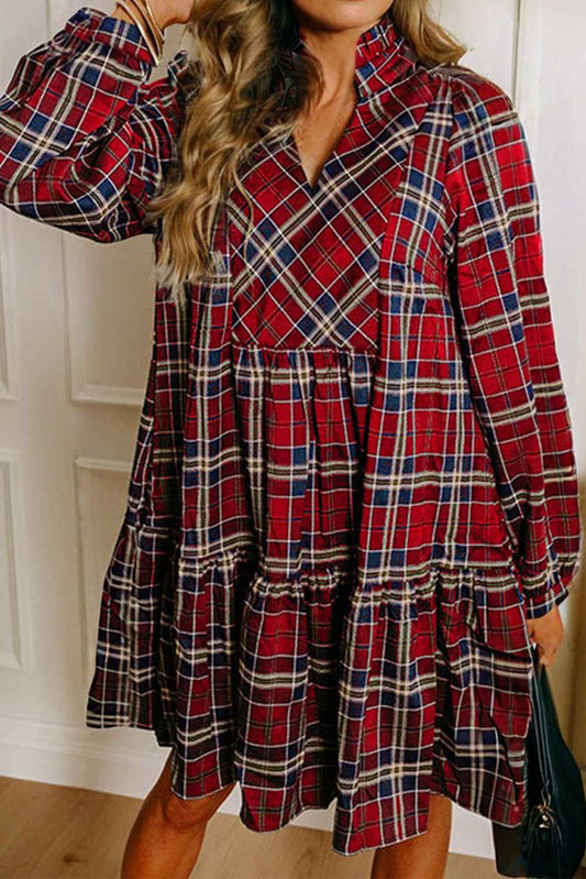Red Plaid Print Frill Neck Long Sleeve Mini Dress Red 55%Cotton+45%Viscose 32a759c019d9206e