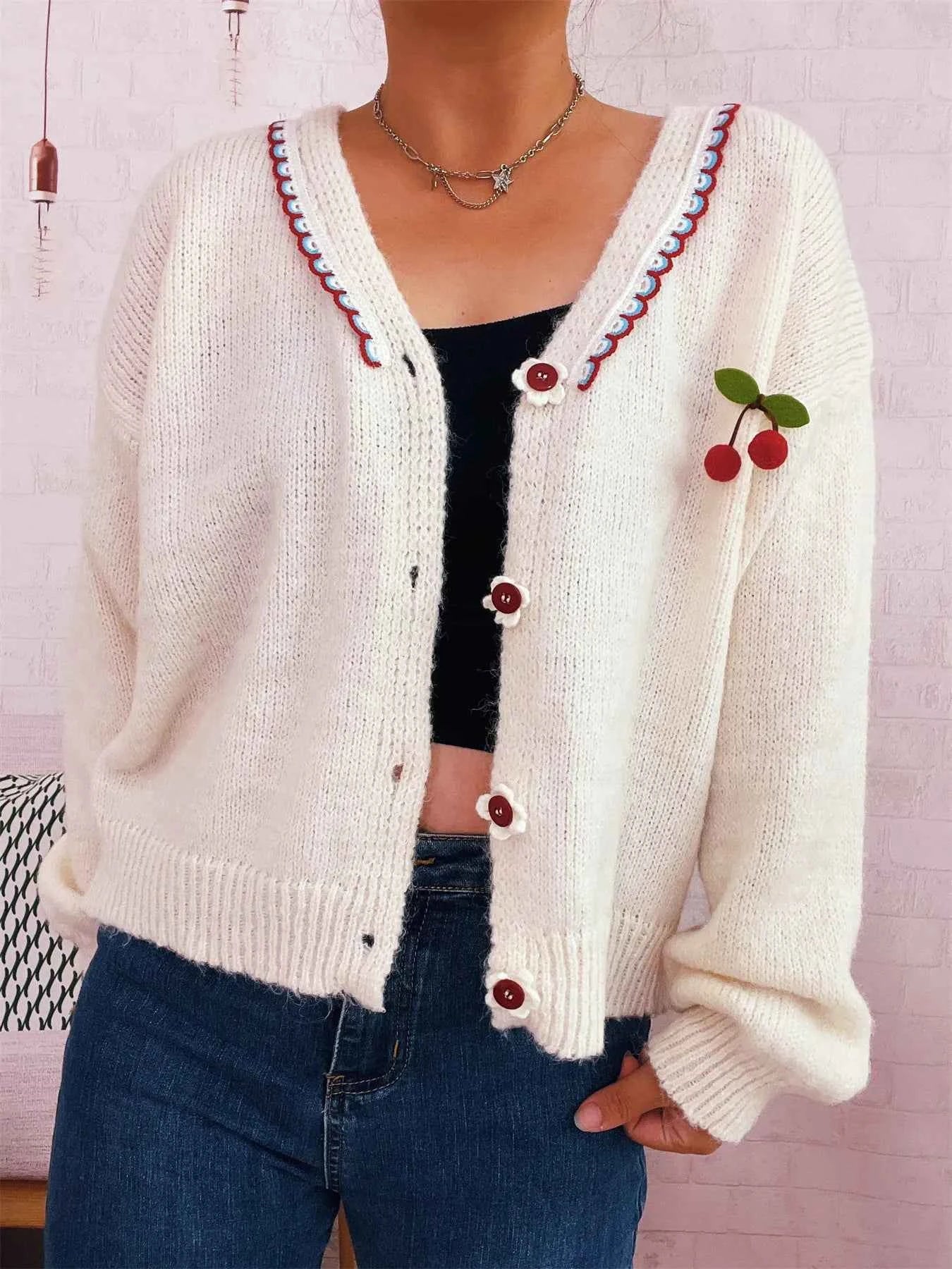 Cherry Button-Front Long Sleeve Cardigan White One Size 32a78a6e1273479bb5f15353591d3909-Max-Origin