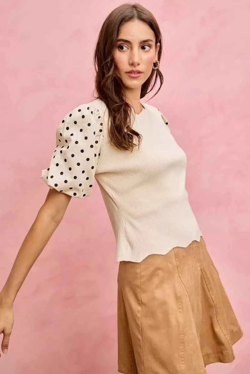SO ME Polka Dot Contrast Woven Ballon Sleeve Blouse 32a8b5437b5a47439c977cdbc1ac78cc-Max-Origin