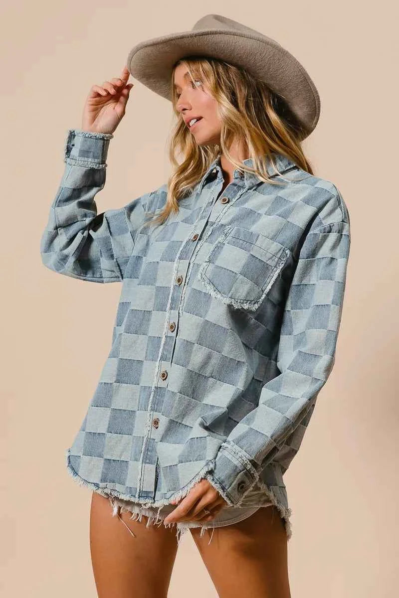 BiBi Frayed Edged Detail Washed Checker Denim Shirt 32abe022824d4dd0b15b248f6b9596c4-Max-Origin